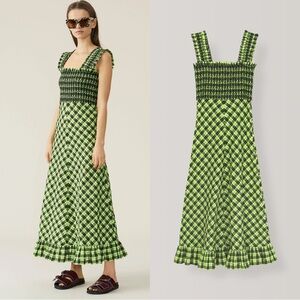 GANNI Seersucker Check Maxi Dress in green